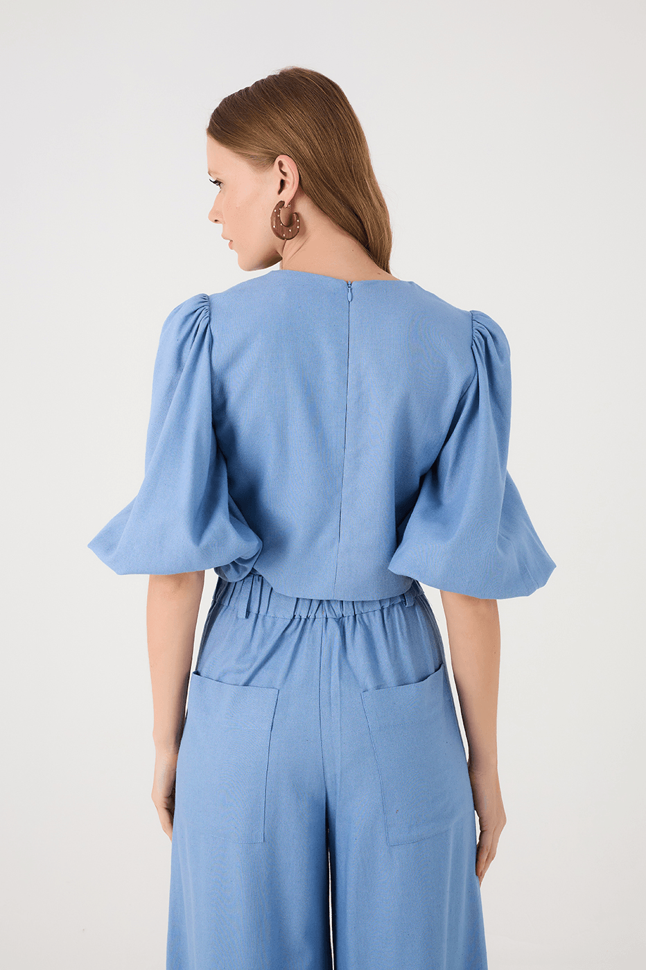 Blue Arpoador Puff Sleeve Wrap Crop Blouse
