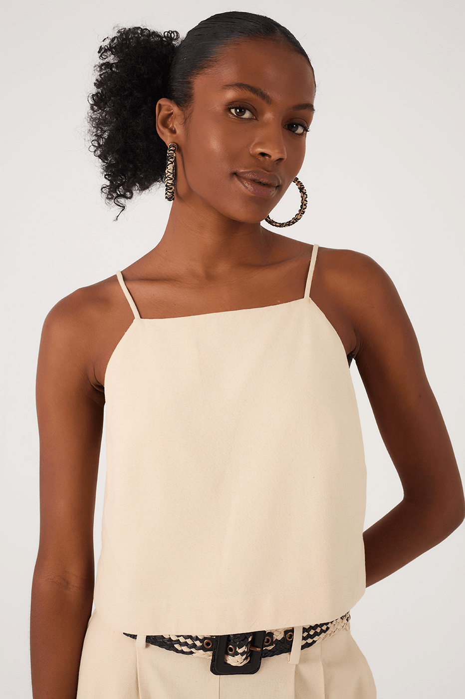Off-White Square Neck Adjustable Straps Linen Blouse