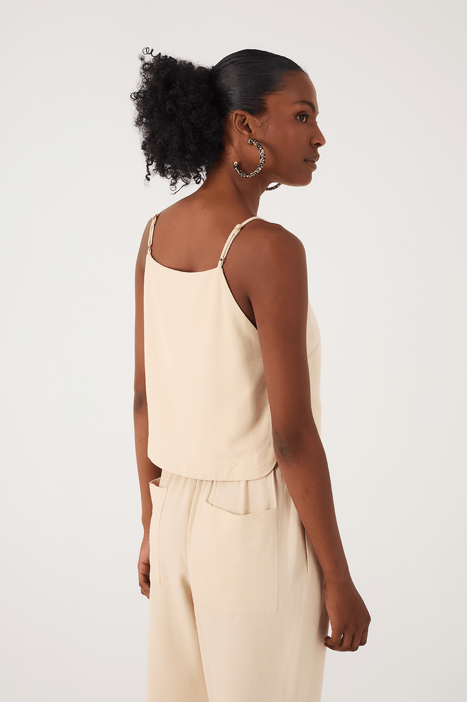 Off-White Square Neck Adjustable Straps Linen Blouse