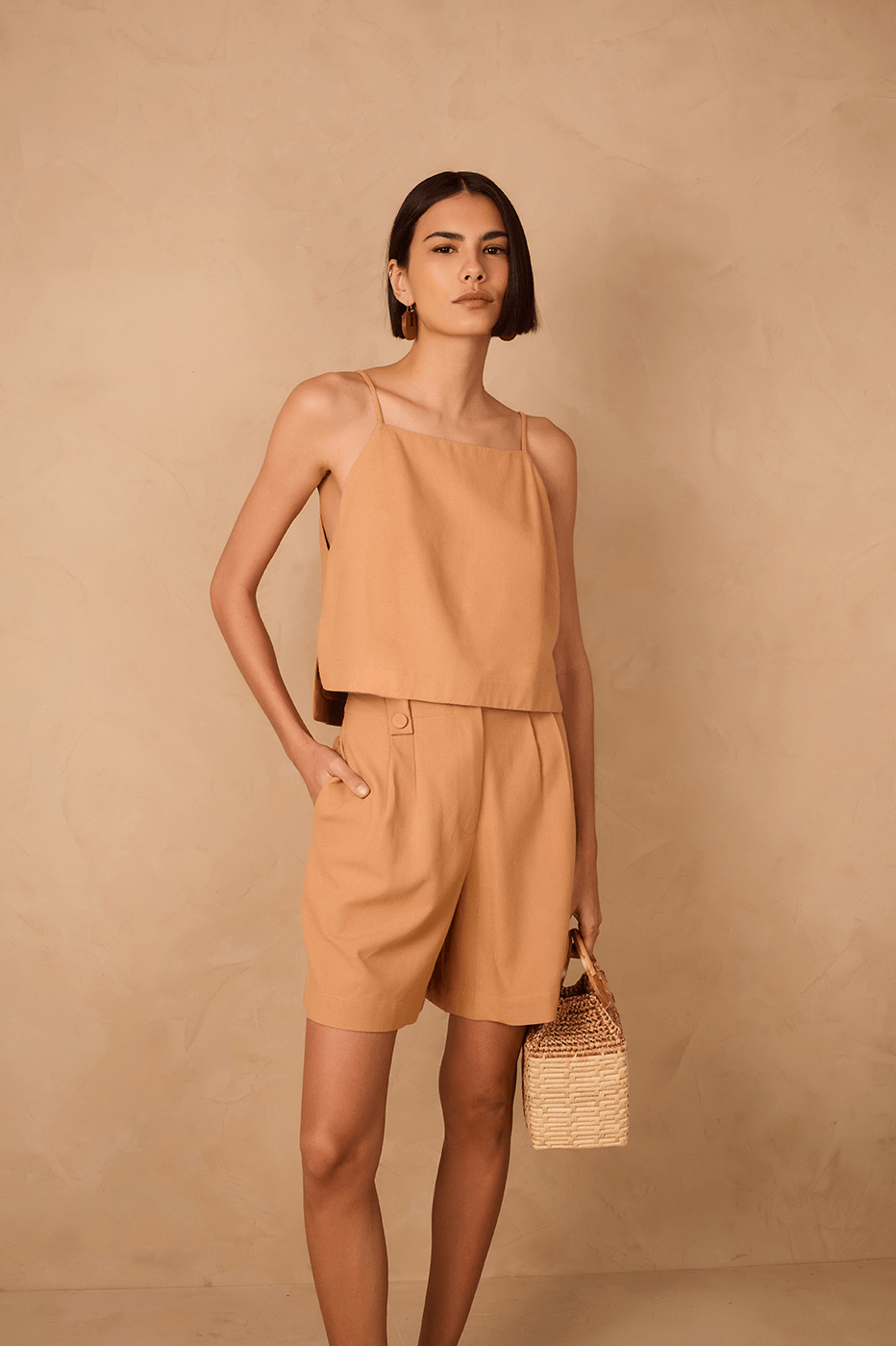 Beige Square Neck Adjustable Straps Linen Blouse