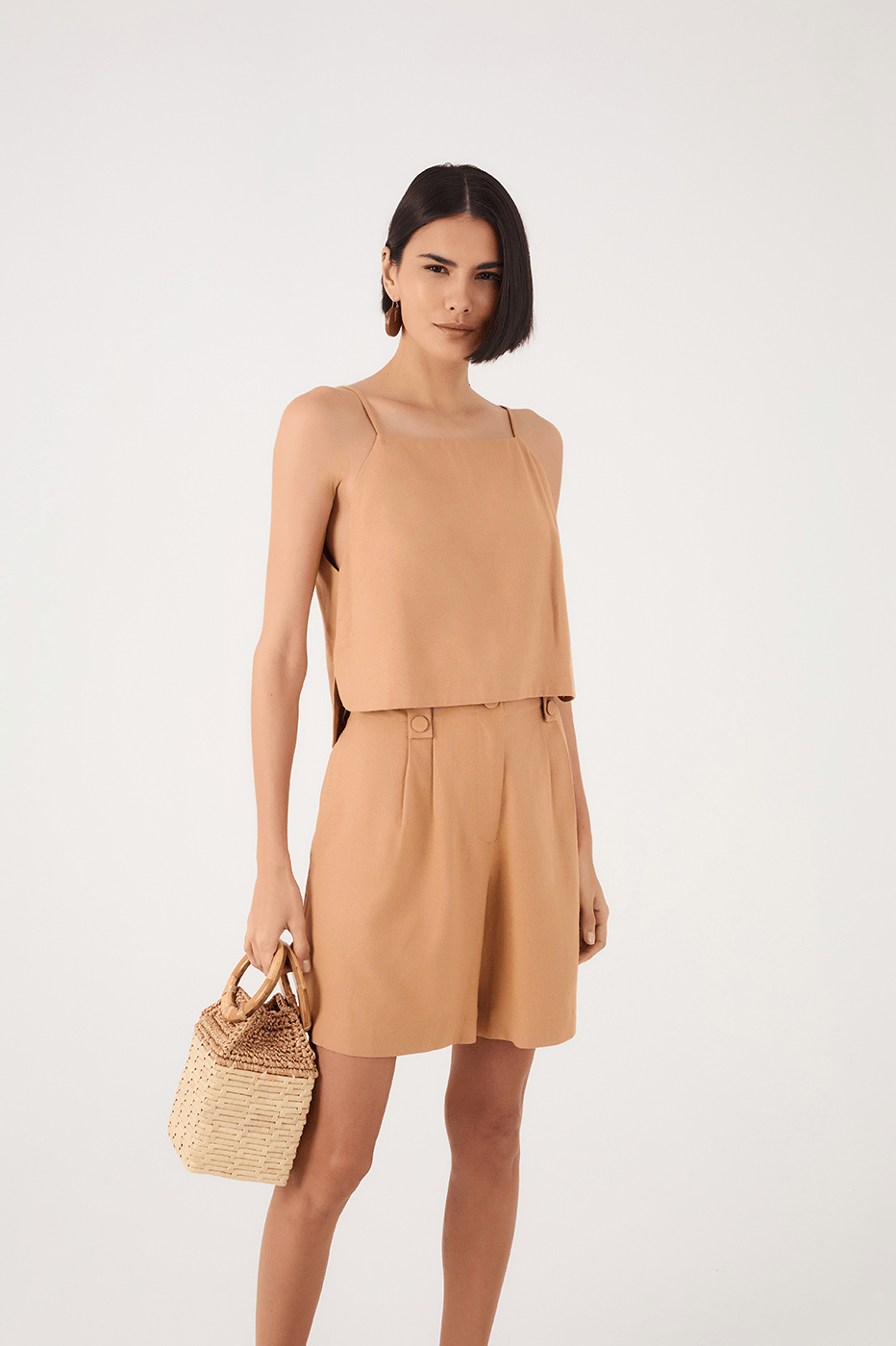 Beige Square Neck Adjustable Straps Linen Blouse