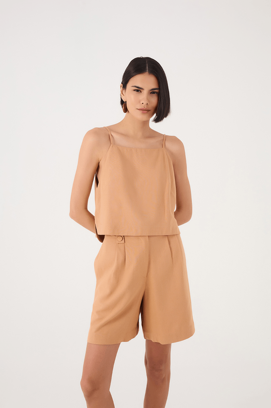 Beige Square Neck Adjustable Straps Linen Blouse