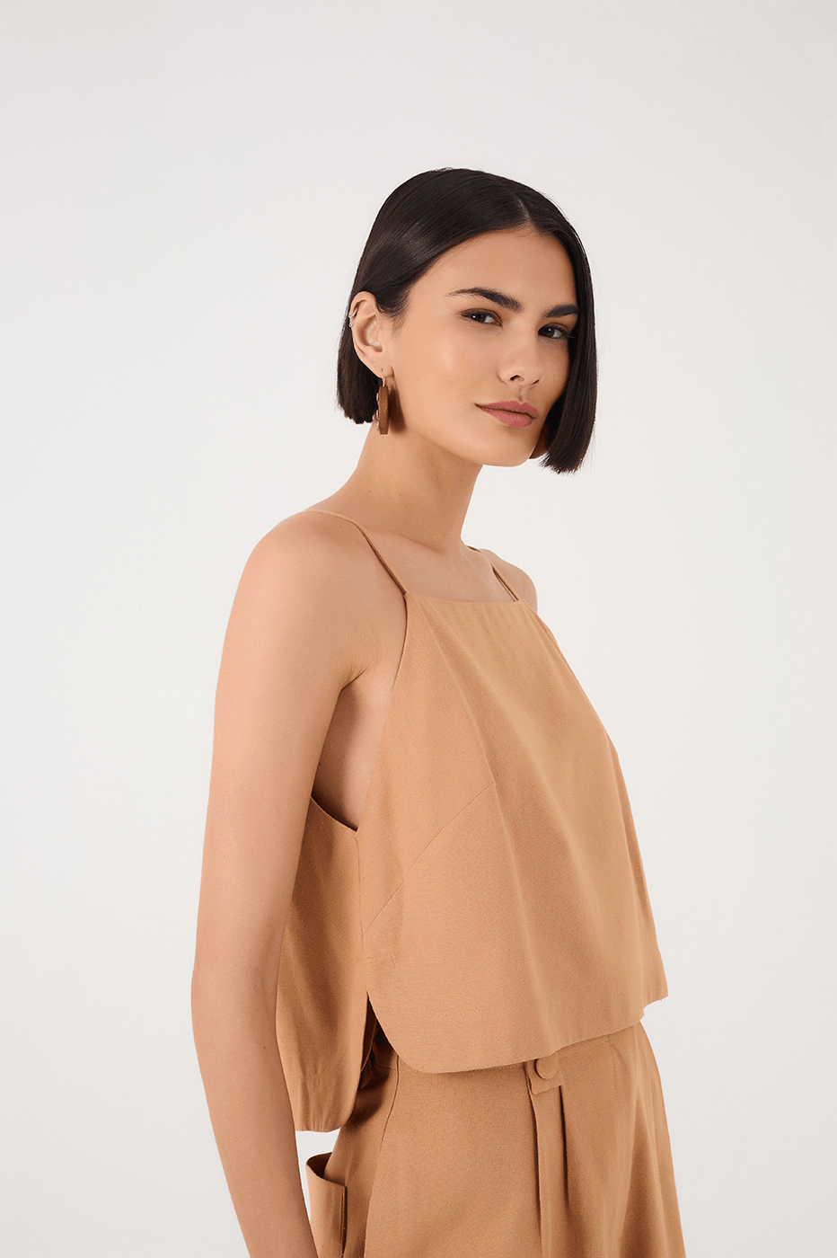 Beige Square Neck Adjustable Straps Linen Blouse