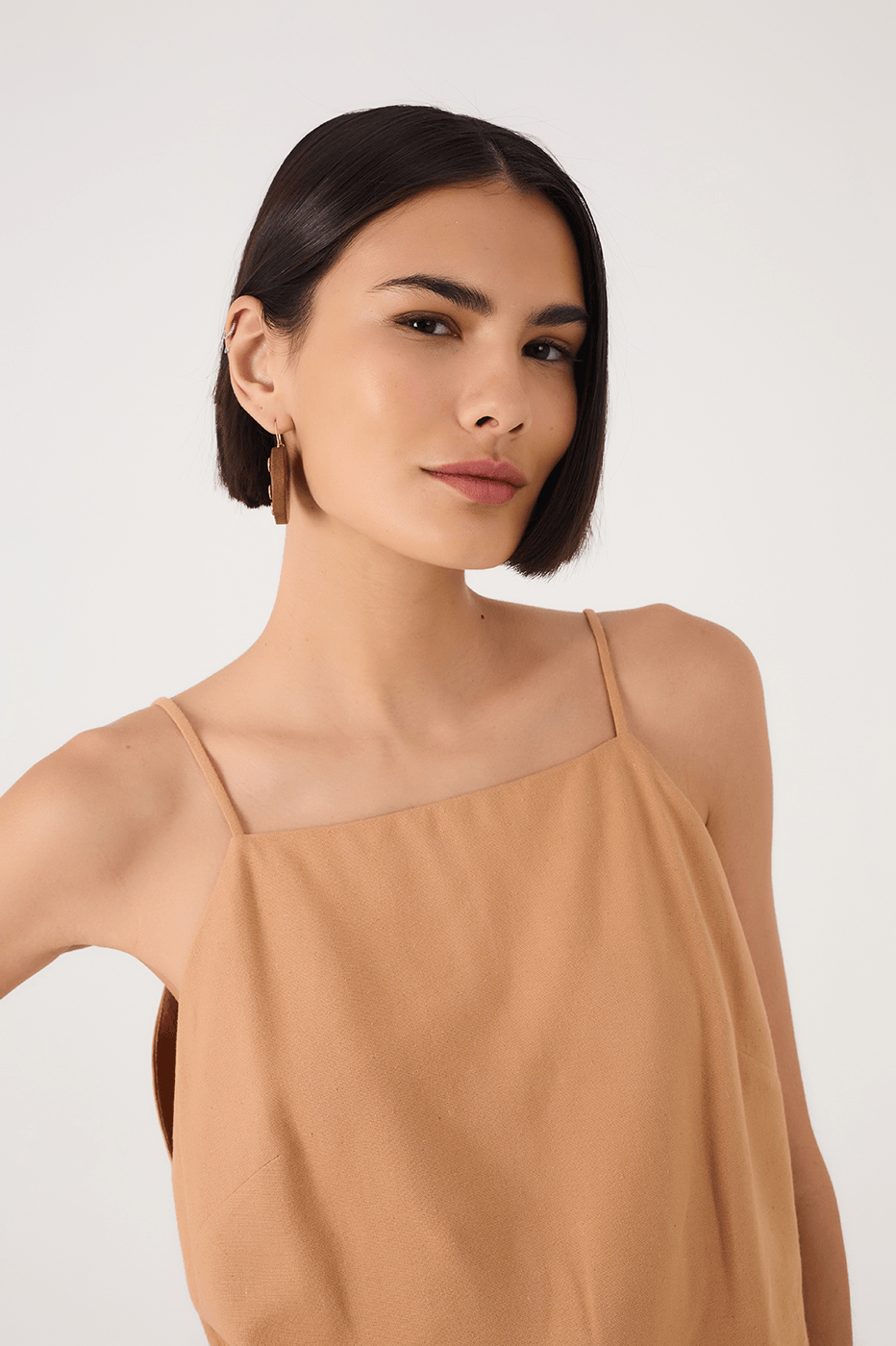 Beige Square Neck Adjustable Straps Linen Blouse