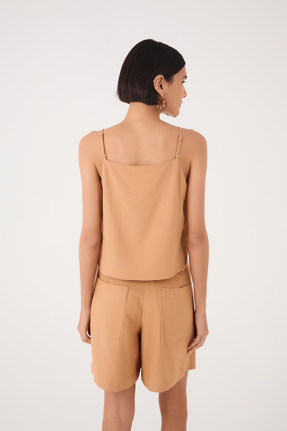 Beige Square Neck Adjustable Straps Linen Blouse