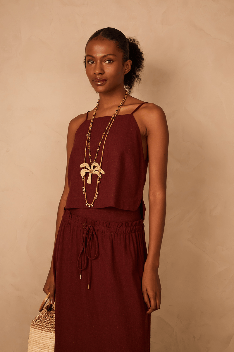 Brown Caffeine Square Neck Adjustable Straps Linen Blouse_1