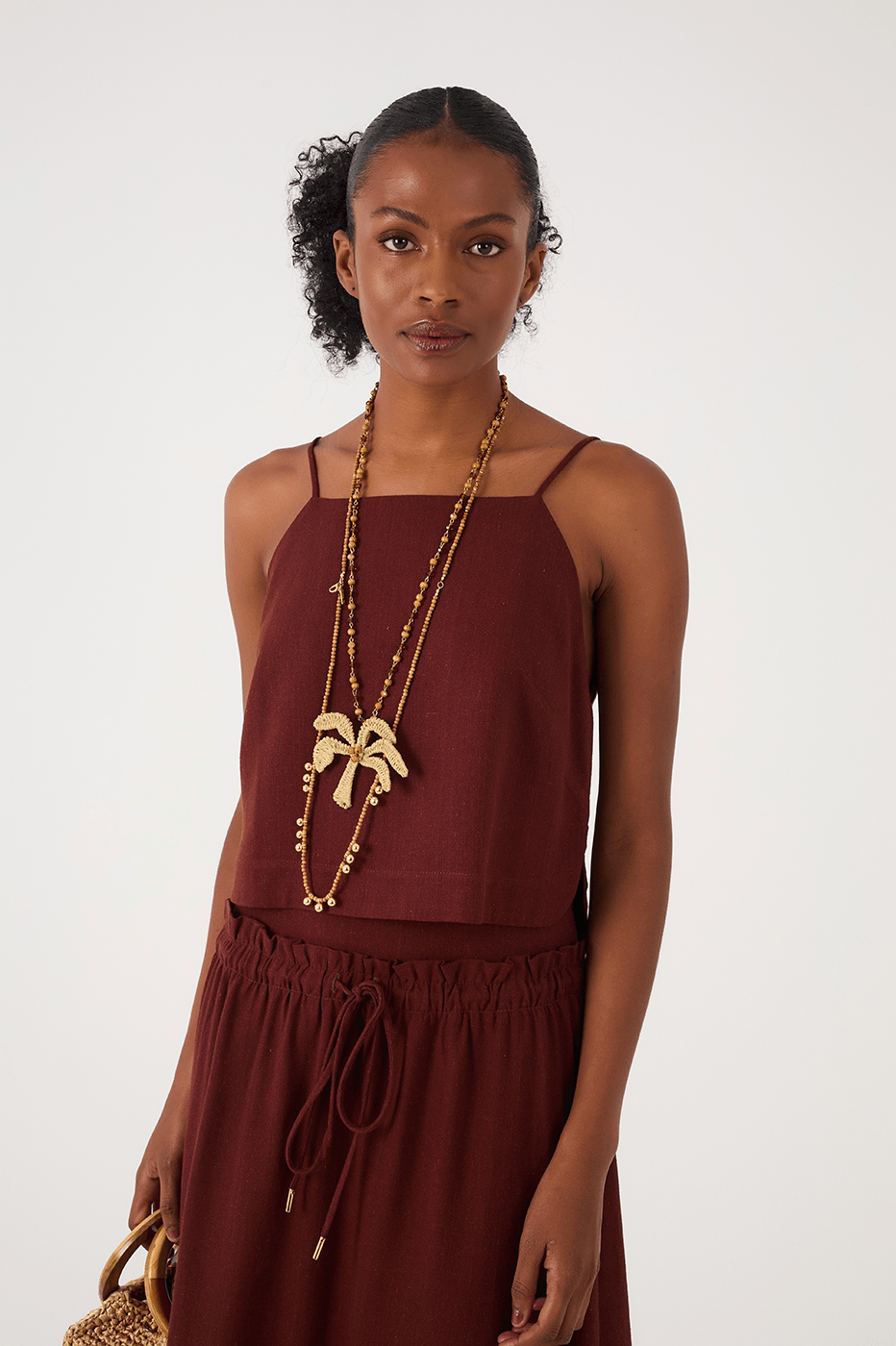 Brown Caffeine Square Neck Adjustable Straps Linen Blouse