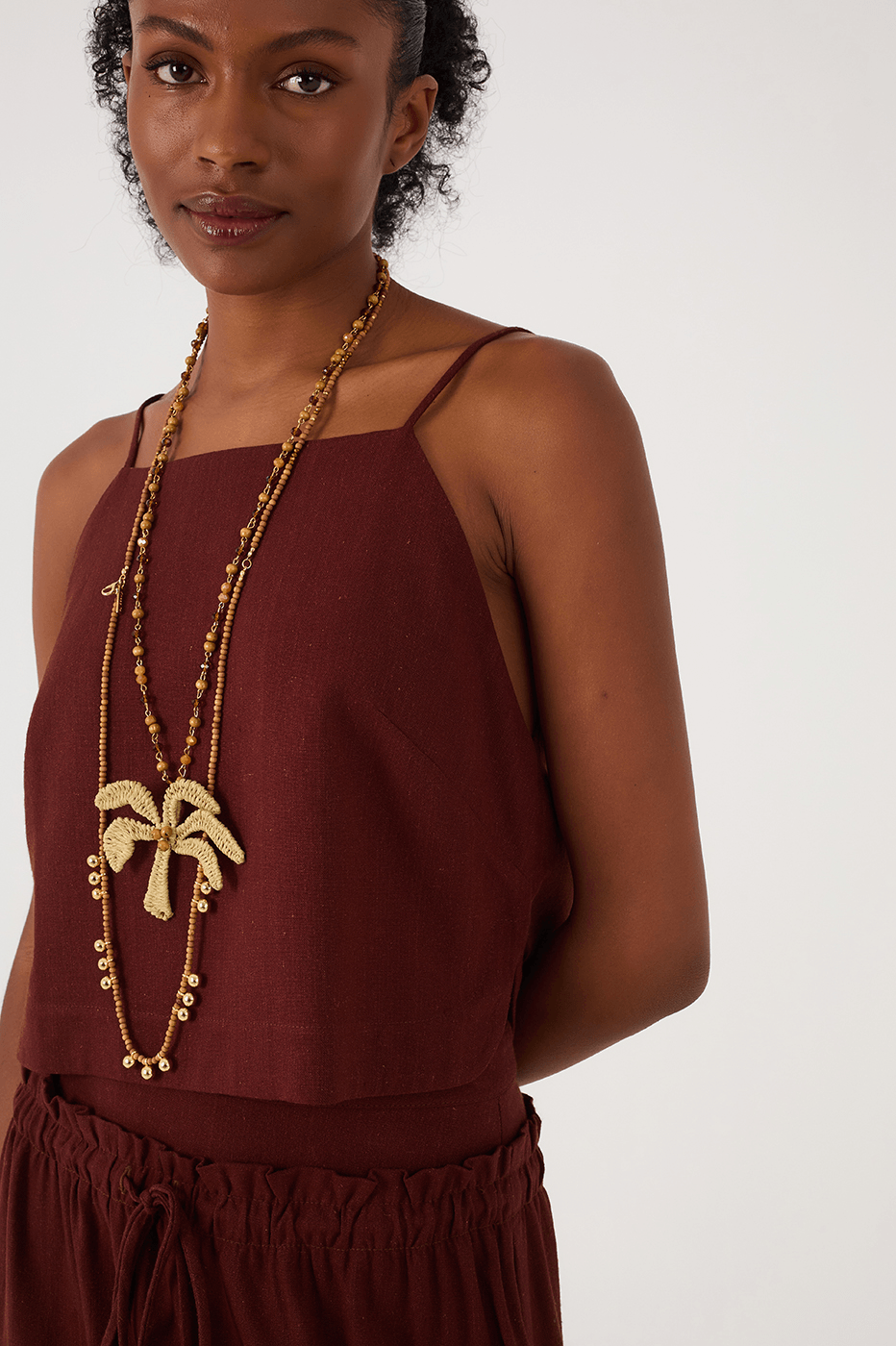 Brown Caffeine Square Neck Adjustable Straps Linen Blouse