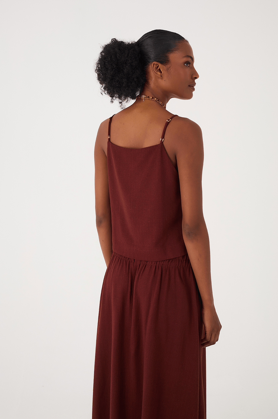 Brown Caffeine Square Neck Adjustable Straps Linen Blouse