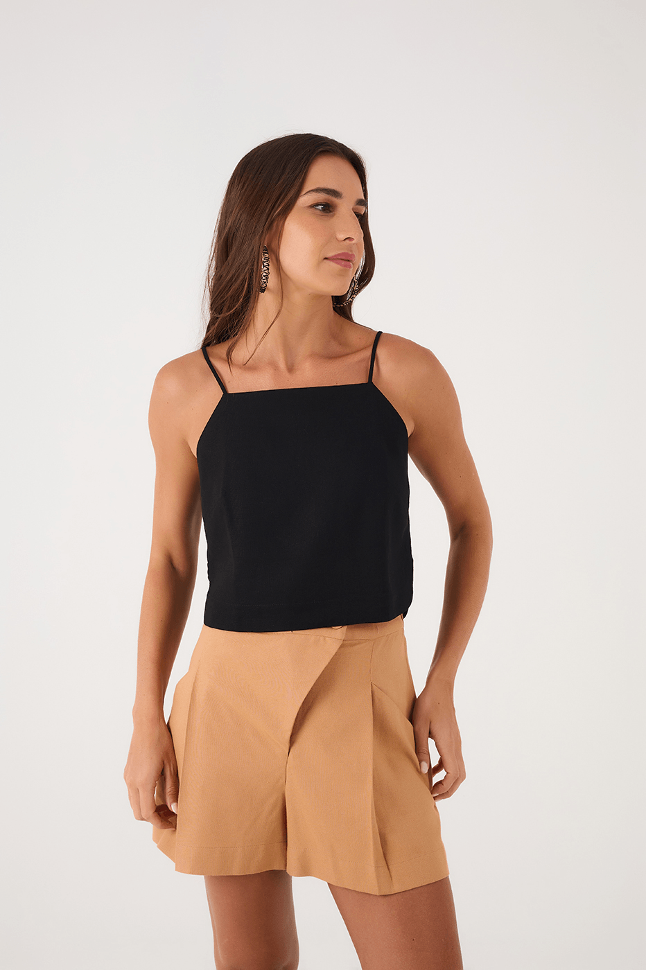 Black Square Neck Adjustable Straps Linen Blouse
