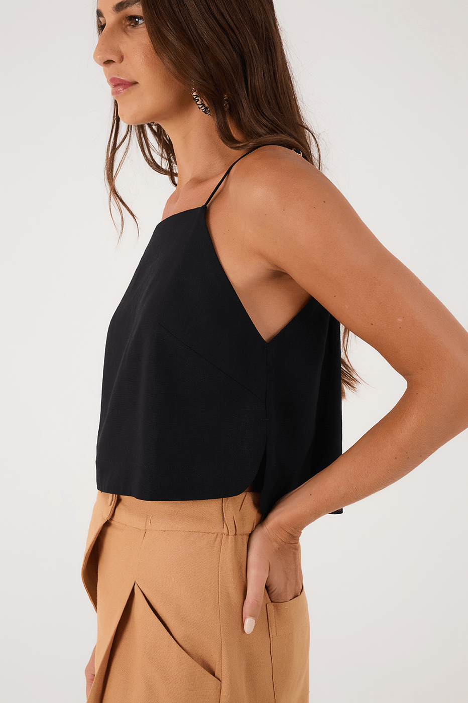 Black Square Neck Adjustable Straps Linen Blouse
