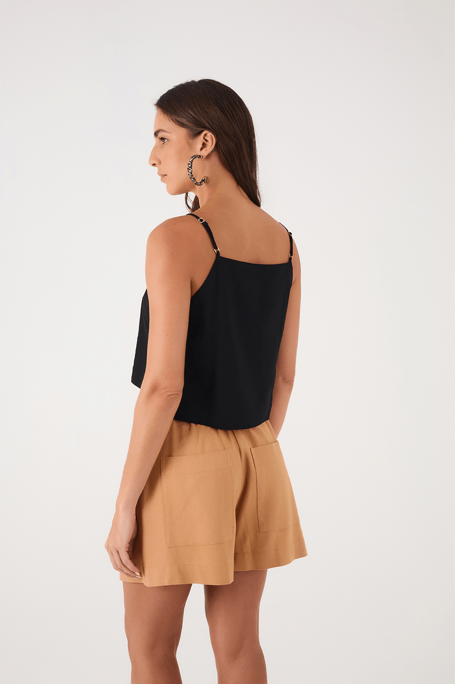 Black Square Neck Adjustable Straps Linen Blouse
