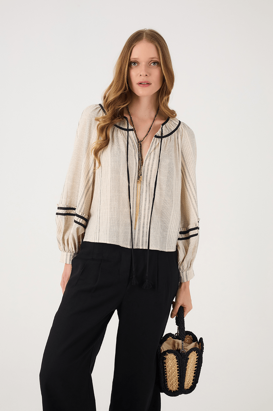 Off-White Front Ties Ruffle Blouse