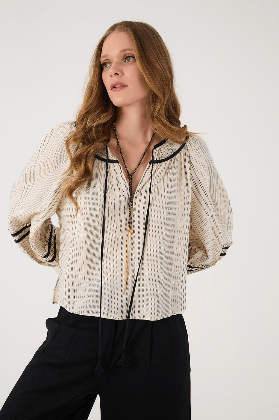 Off-White Front Ties Ruffle Blouse