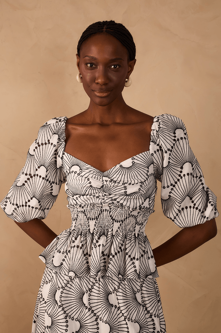 Off-White Embroidered Ondas Puff Sleeve Peplum Cotton Blouse
