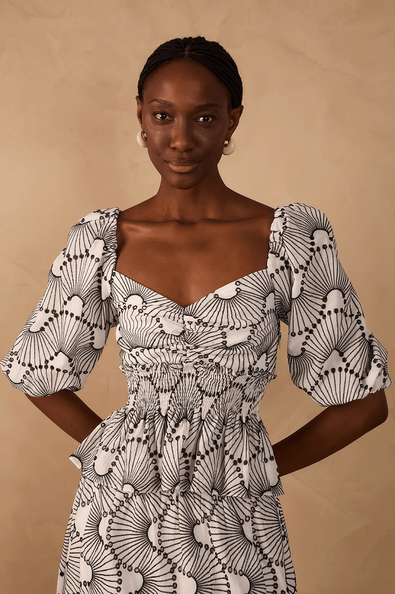 Off-White Embroidered Ondas Puff Sleeve Peplum Cotton Blouse_1
