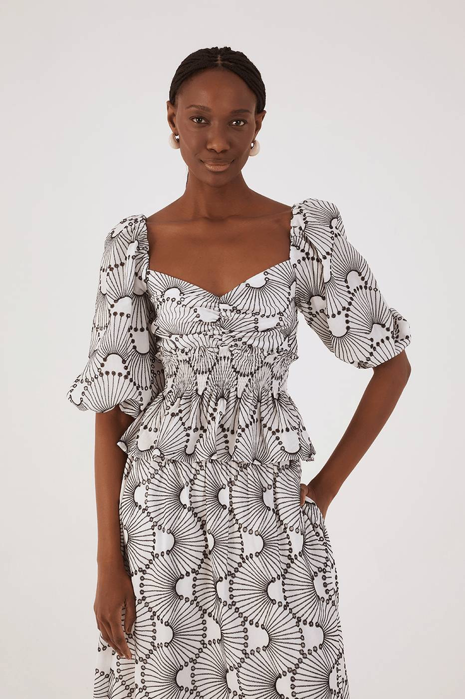 Off-White Embroidered Ondas Puff Sleeve Peplum Cotton Blouse