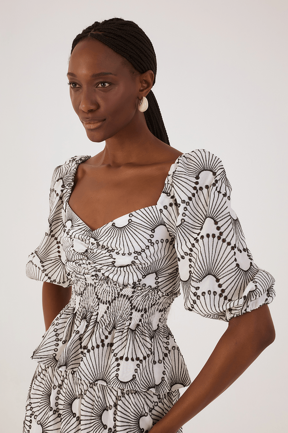 Off-White Embroidered Ondas Puff Sleeve Peplum Cotton Blouse