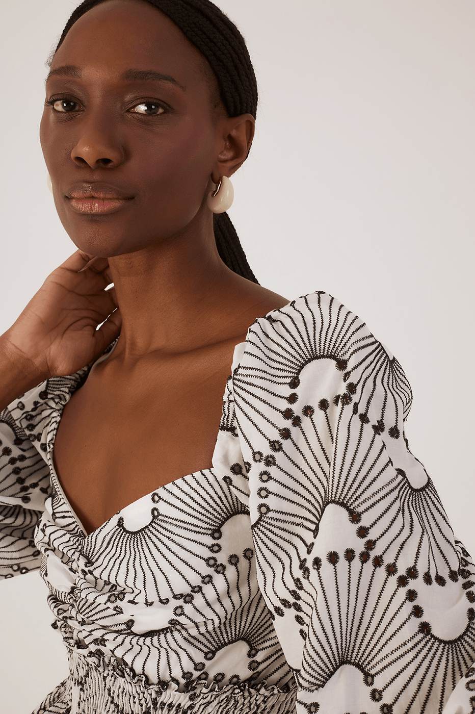 Off-White Embroidered Ondas Puff Sleeve Peplum Cotton Blouse