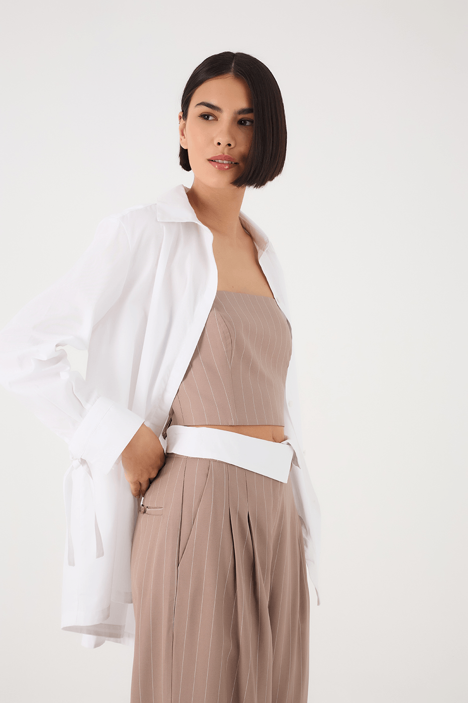 Grey Mirante Pinstripe Strapless Smocked Crop Top