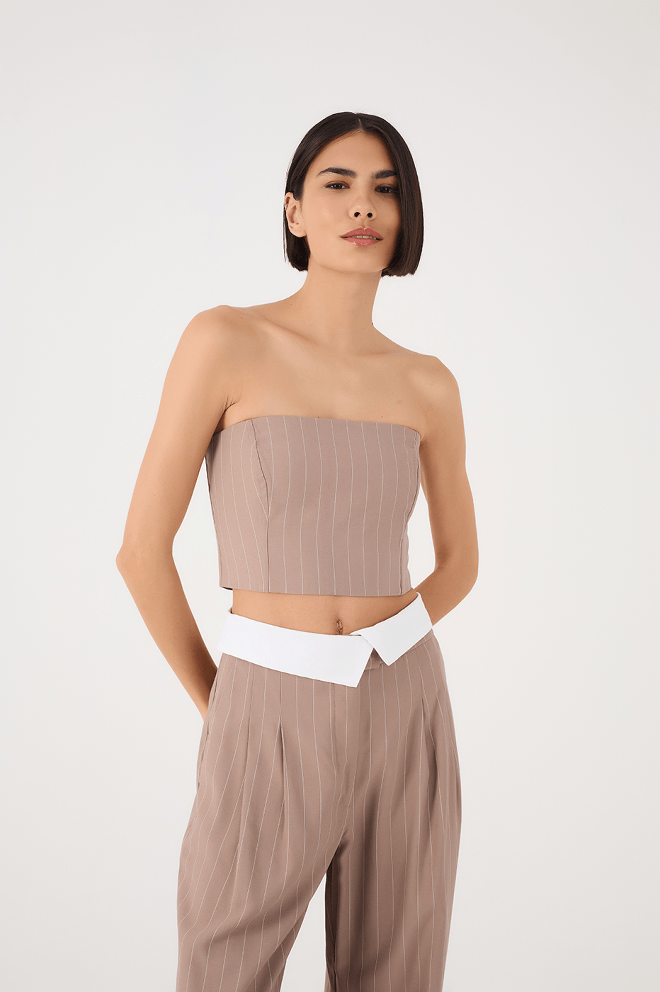 Grey Mirante Pinstripe Strapless Smocked Crop Top