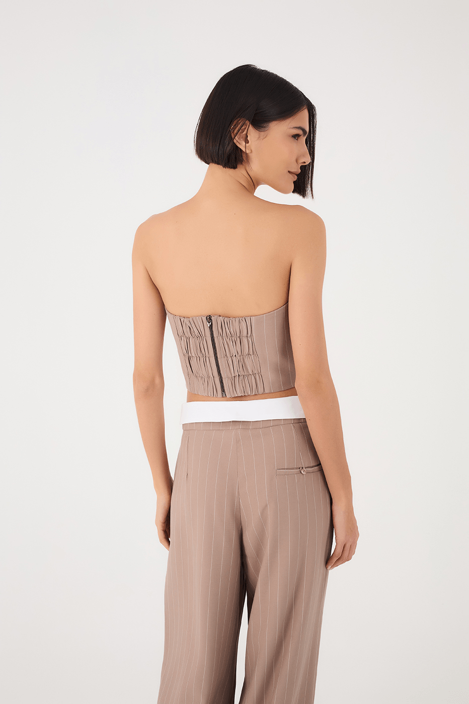 Grey Mirante Pinstripe Strapless Smocked Crop Top