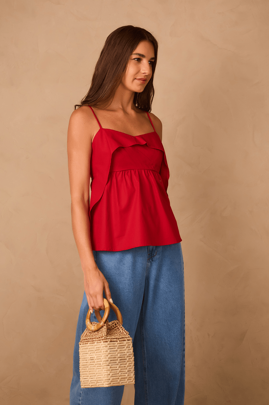 Red Encanto Layered Adjustable Straps Cotton Blouse
