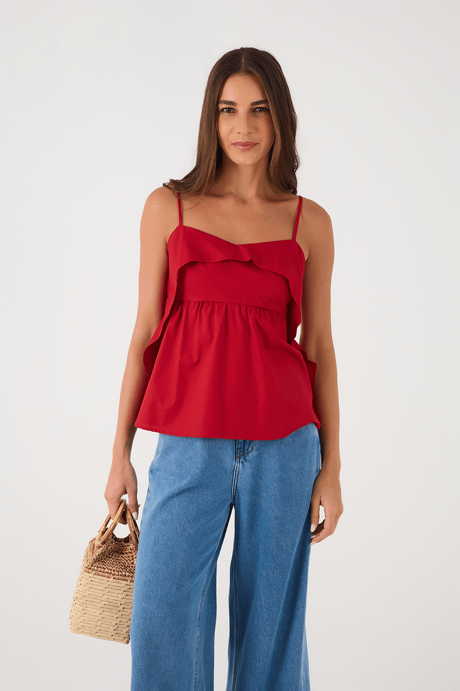 Red Encanto Layered Adjustable Straps Cotton Blouse