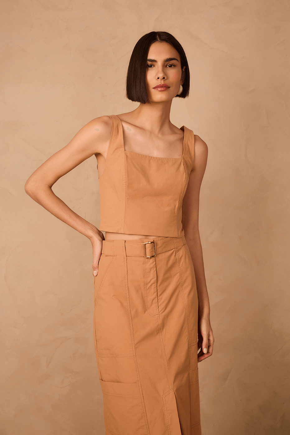 Beige Leme Square Neck Smocked Cotton Crop Top