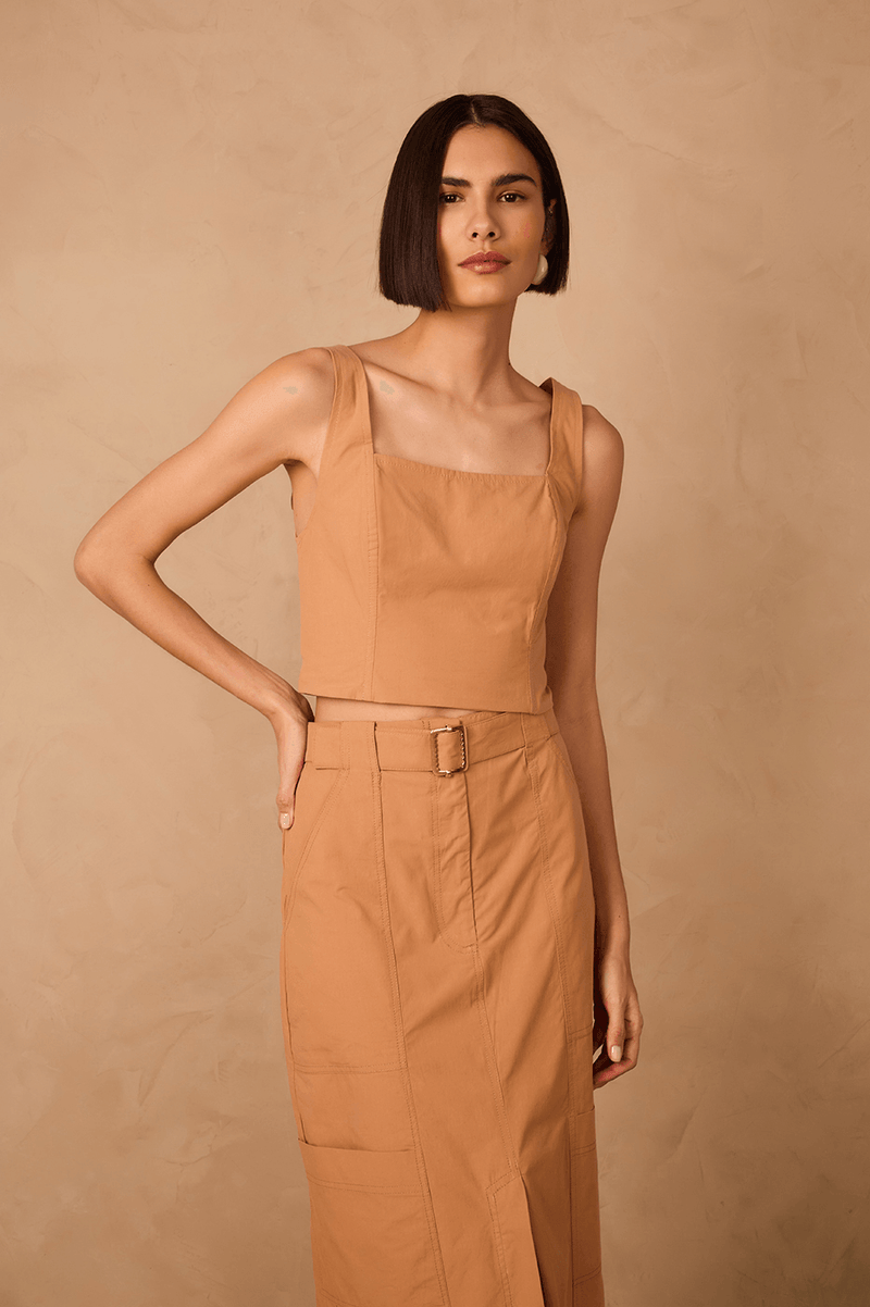 Beige Leme Square Neck Smocked Cotton Crop Top_1
