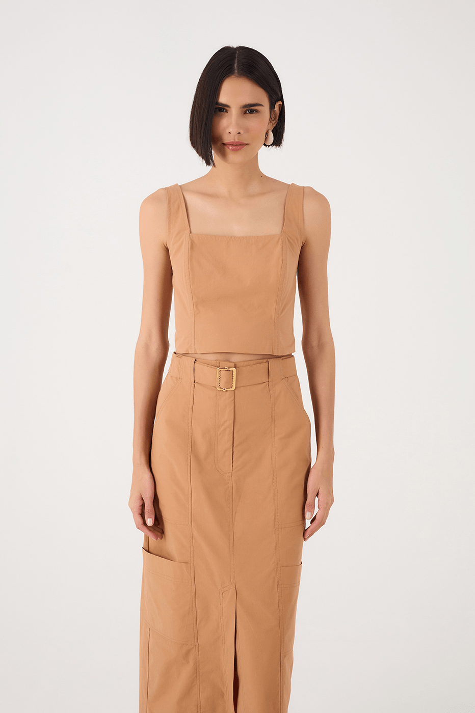 Beige Leme Square Neck Smocked Cotton Crop Top