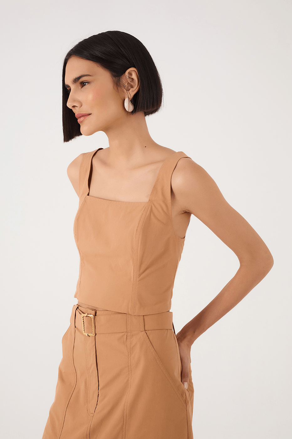 Beige Leme Square Neck Smocked Cotton Crop Top