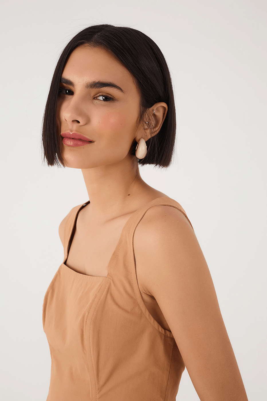 Beige Leme Square Neck Smocked Cotton Crop Top