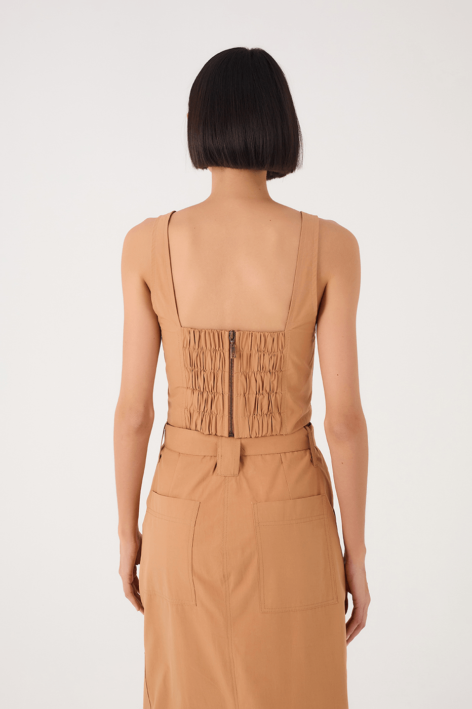Beige Leme Square Neck Smocked Cotton Crop Top