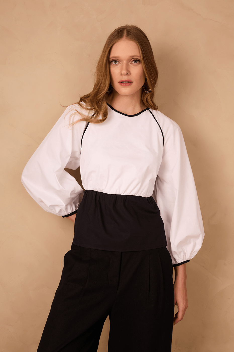 Black And White Crew Neck Open Back Cotton Blouse