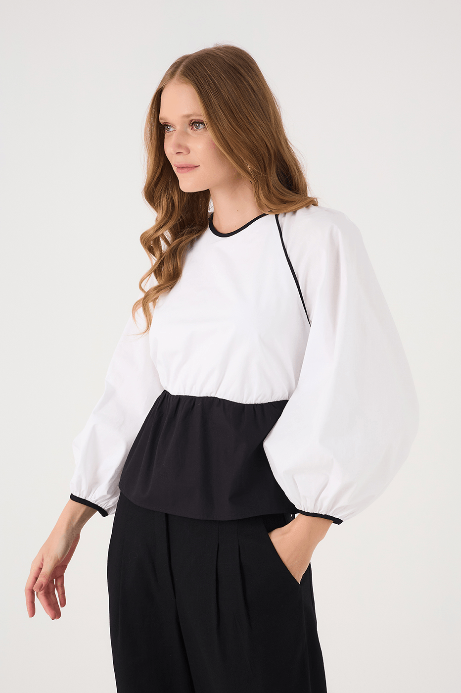 Black And White Crew Neck Open Back Cotton Blouse