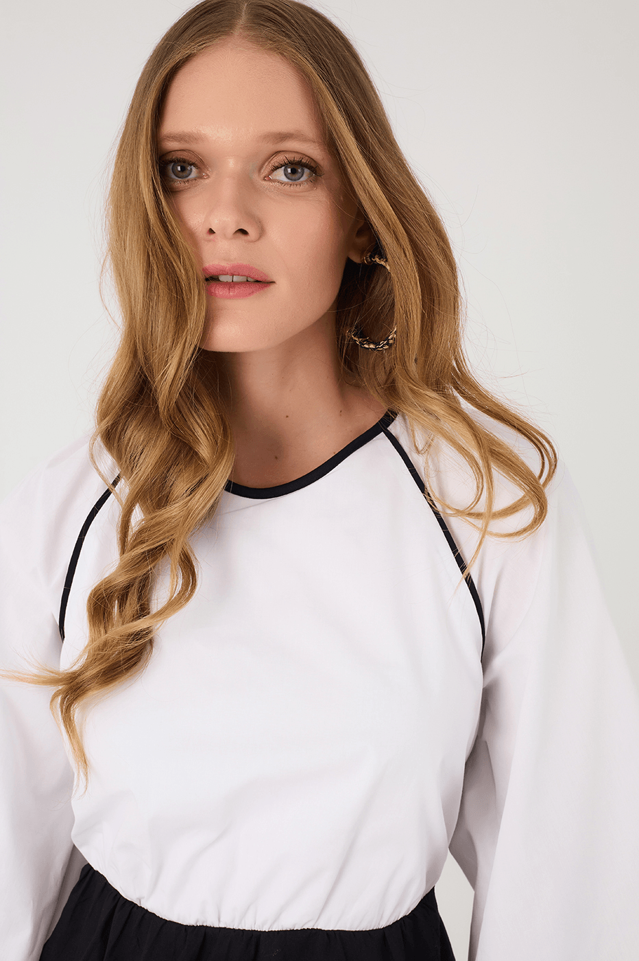 Black And White Crew Neck Open Back Cotton Blouse