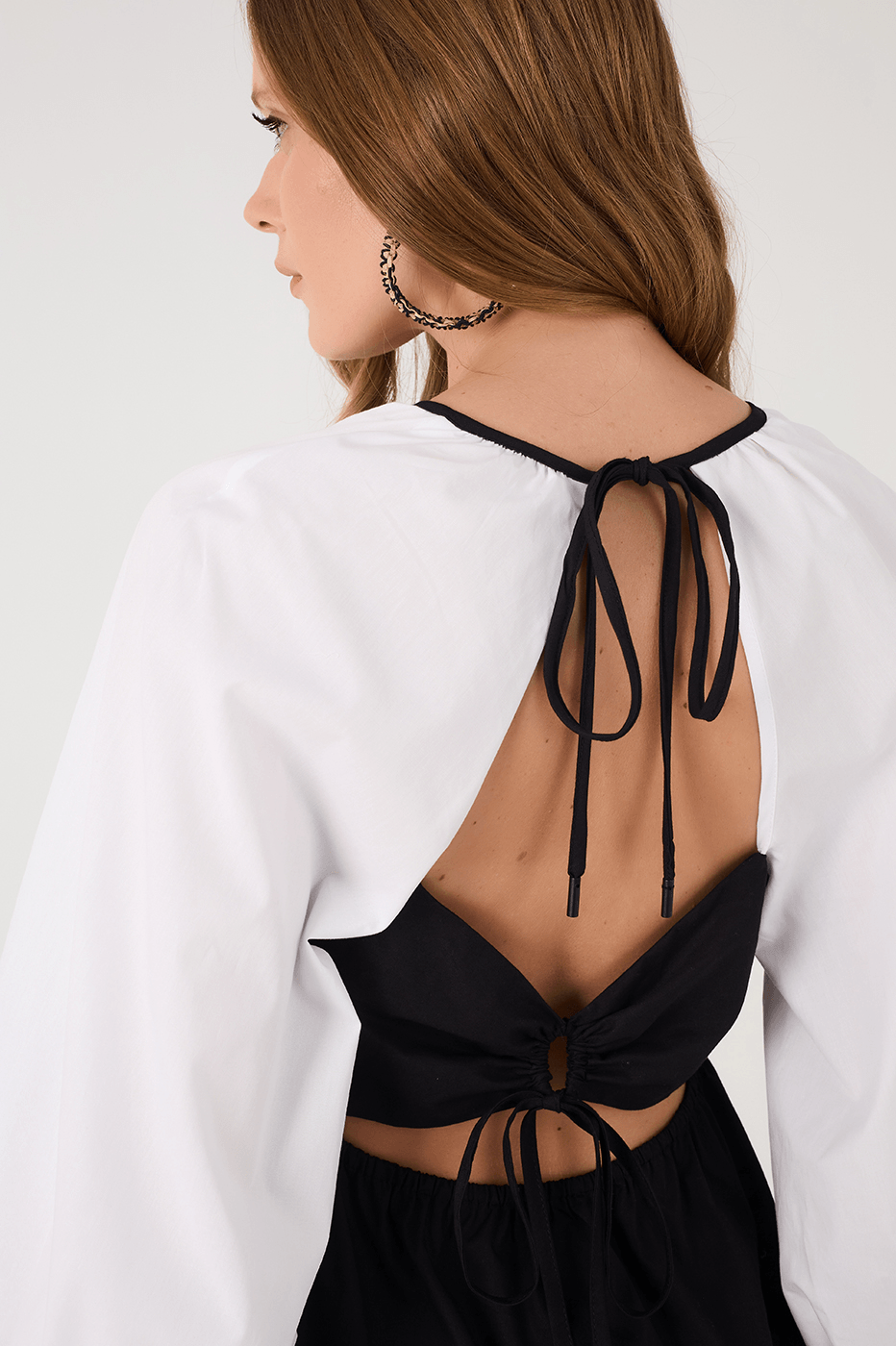 Black And White Crew Neck Open Back Cotton Blouse
