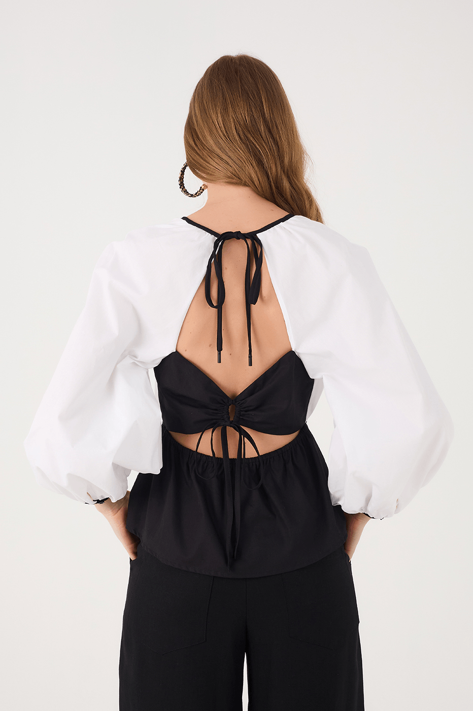 Black And White Crew Neck Open Back Cotton Blouse