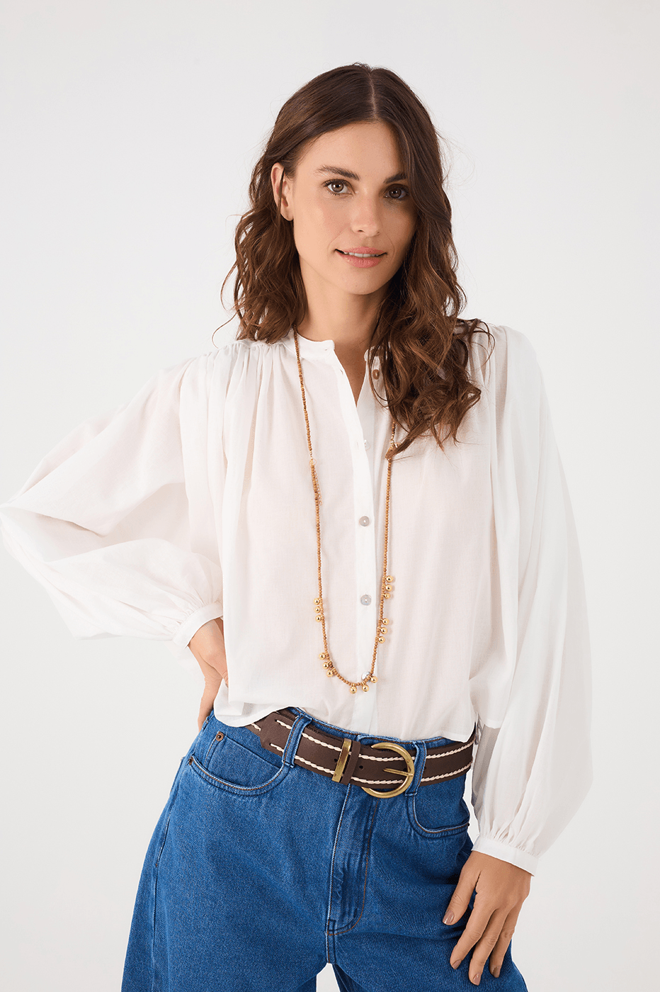 Off-White Buttoned Puff Sleeve Cotton Blouse