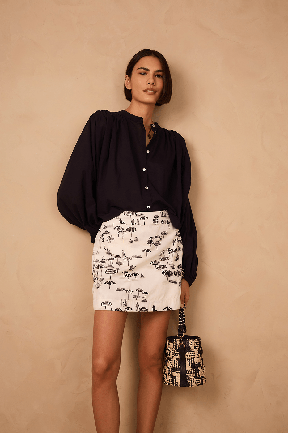 Black Buttoned Puff Sleeve Cotton Blouse