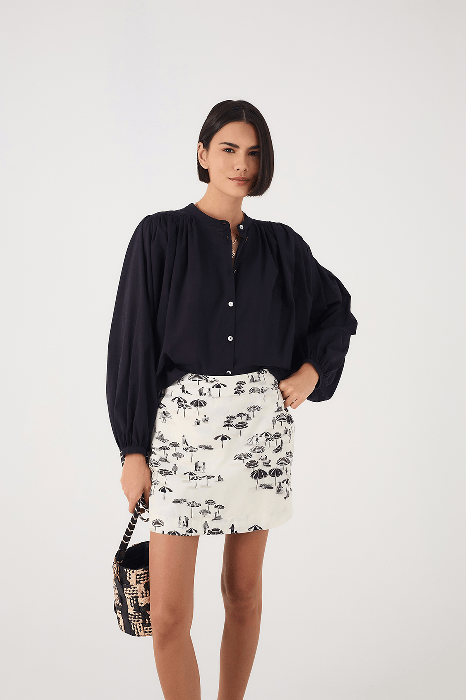 Black Buttoned Puff Sleeve Cotton Blouse