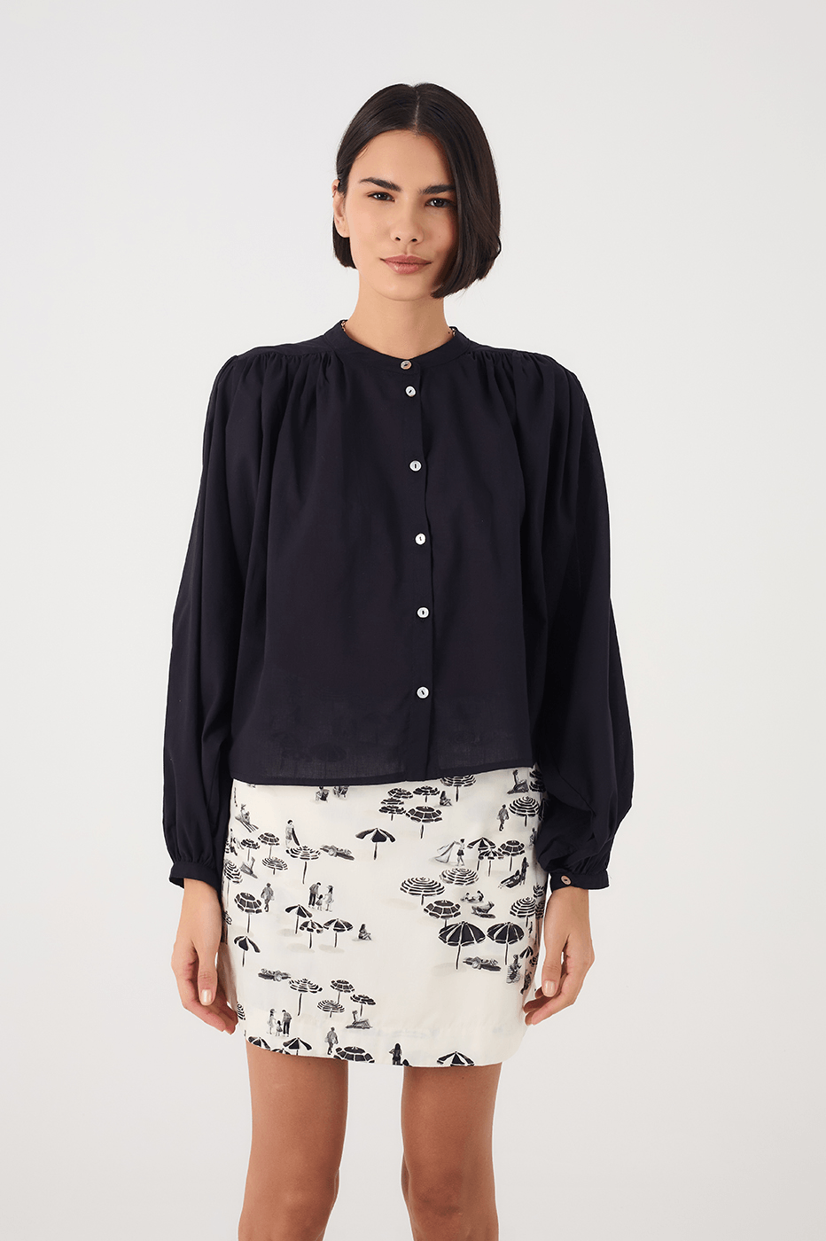 Black Buttoned Puff Sleeve Cotton Blouse