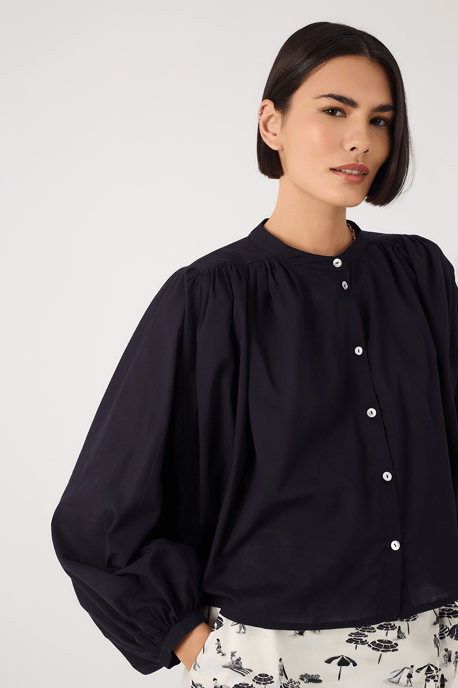 Black Buttoned Puff Sleeve Cotton Blouse