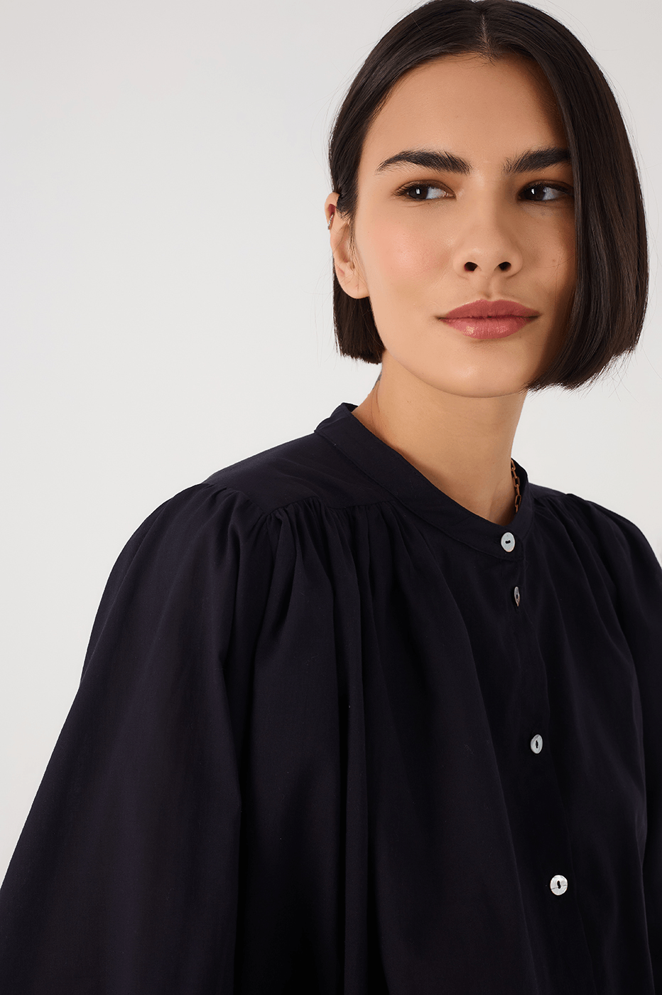 Black Buttoned Puff Sleeve Cotton Blouse