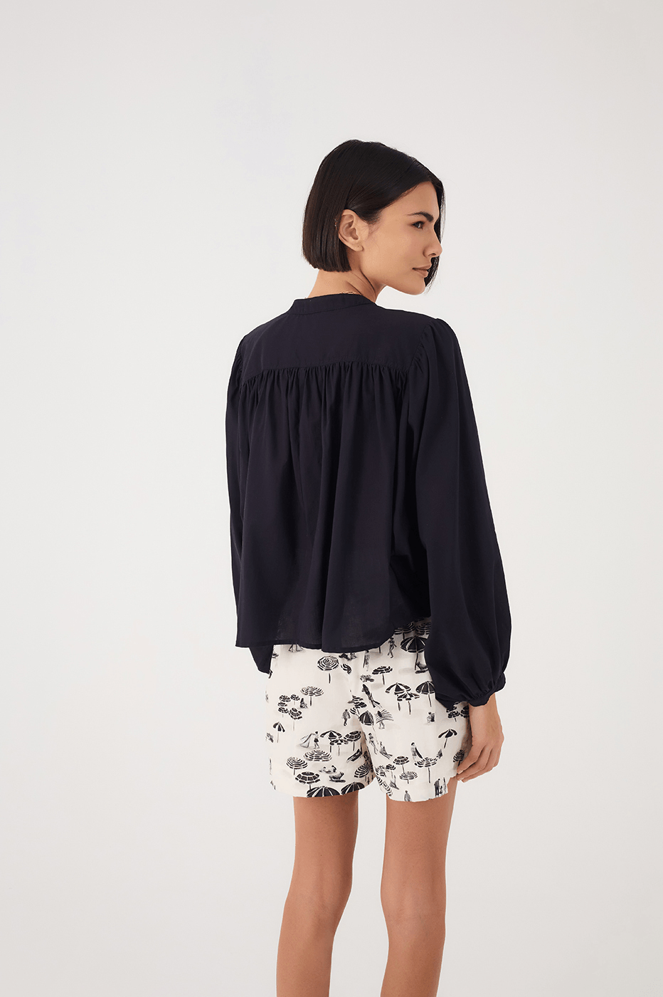 Black Buttoned Puff Sleeve Cotton Blouse