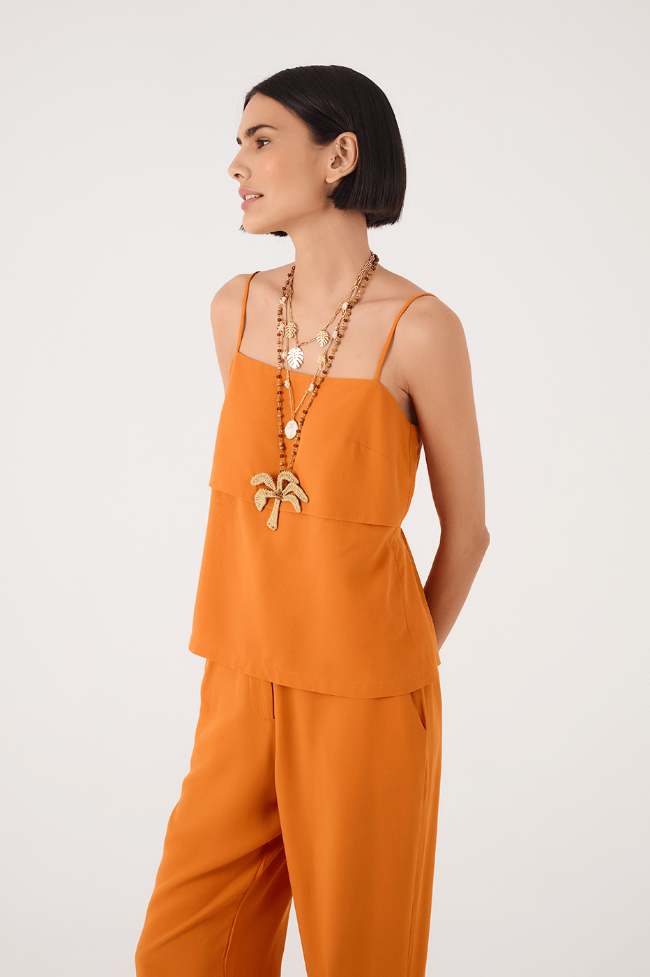 Orange Samba Layered Smocked Adjustable Straps Blouse