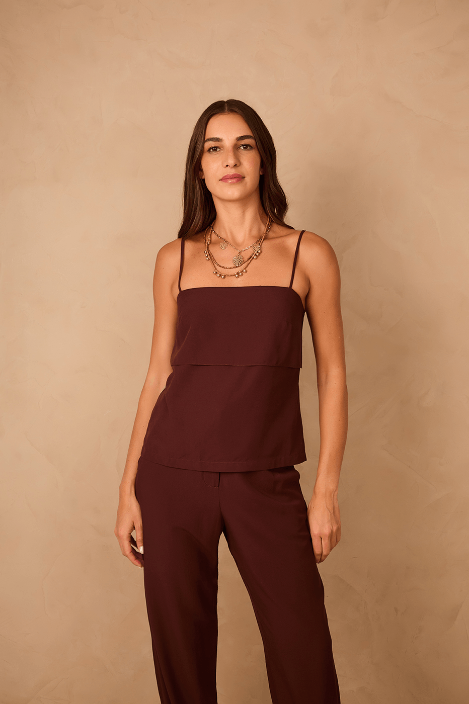 Brown Caffeine Samba Layered Smocked Adjustable Straps Blouse