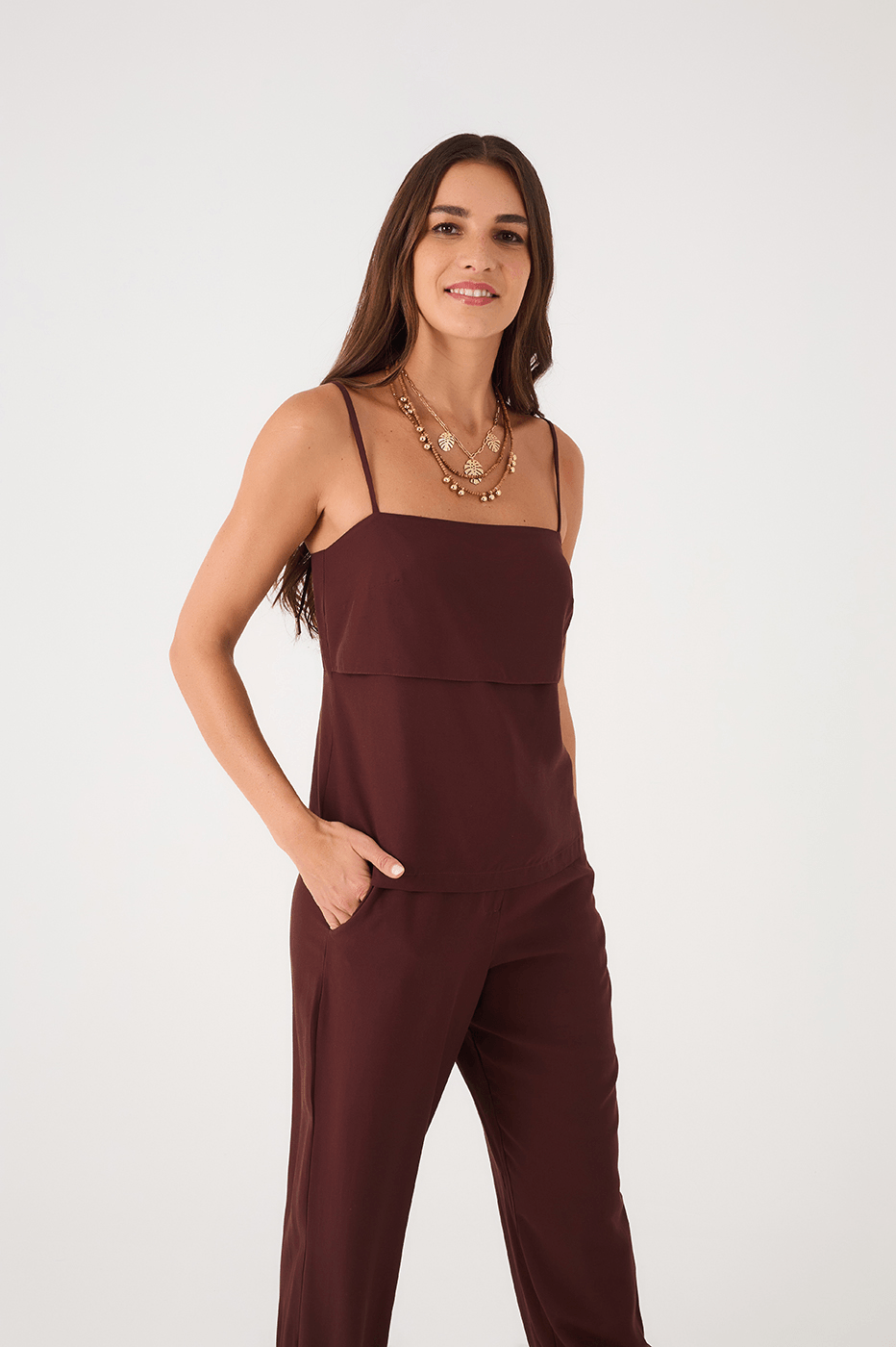 Brown Caffeine Samba Layered Smocked Adjustable Straps Blouse