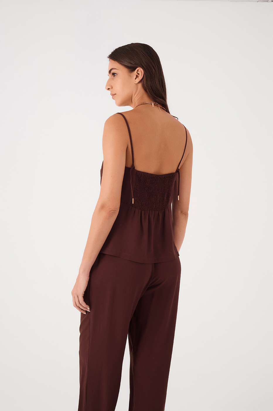 Brown Caffeine Samba Layered Smocked Adjustable Straps Blouse